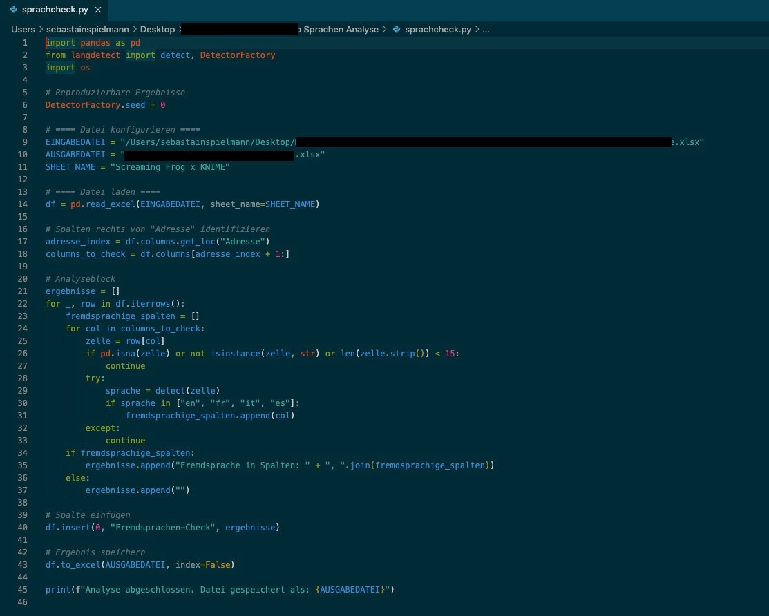 Python Script von ChatGPT zur Fremdsprachenerkennung in Visual Studio Code - besonders interessant für Websites mit mehrsprachigen Domains.