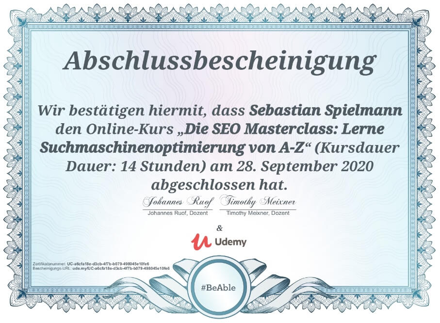 Abschlusszertifikat des Online Kurses 'Die SEO Masterclass: Lerne Suchmaschinenoptimierung von A-Z' bei udemy